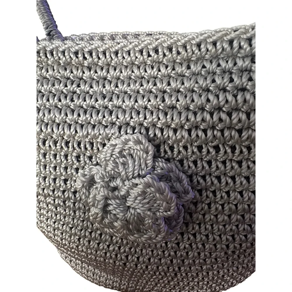 Silver Metallic Gray Crochet Shoulder Bag Floral Zip Tote Handcrafted VTG EUC